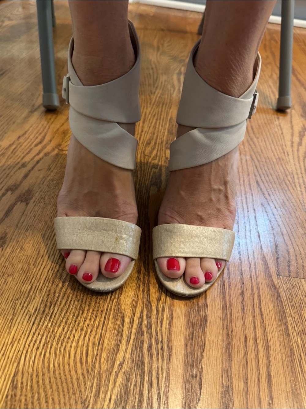 Calvin Klein “Marisa” Beige Wedge Wrap Ankle Strap Heels